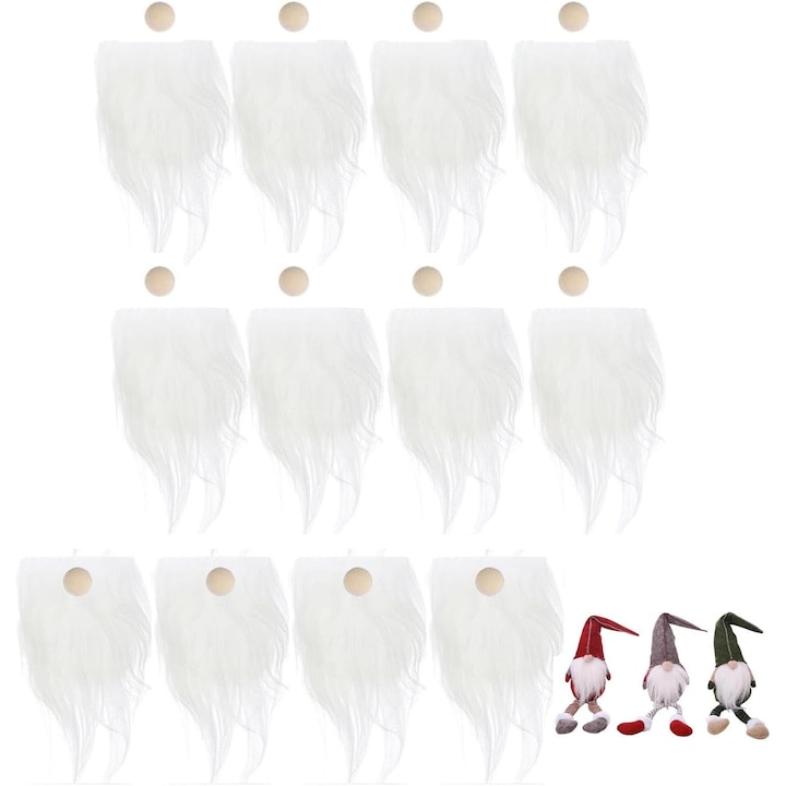 Set 12 bile din lemn si barba Gnom, pentru proiecte DIY, realizare decoratiuni, Diameru 1.5 cm, Alb