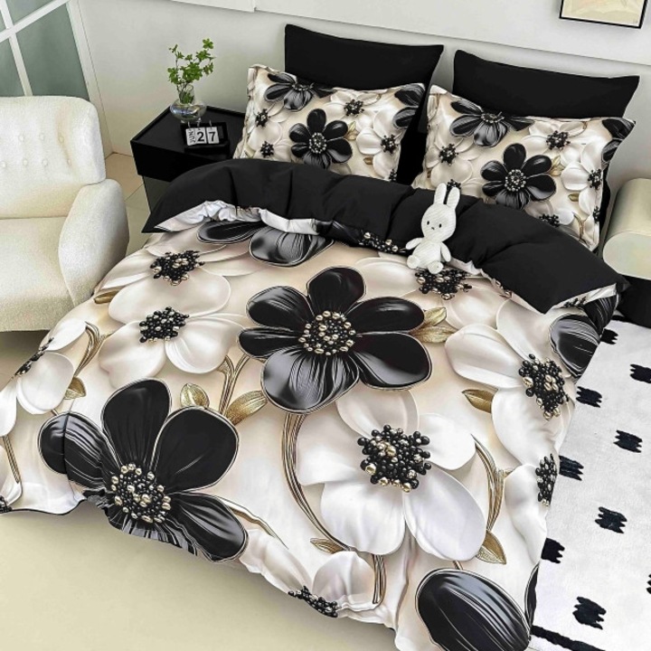 Lenjerie de Pat Dublu, Jojo Home, Imprimeu Digital 5D, Flori, 6 piese, Finet, 180x200cm, Alb-Negru