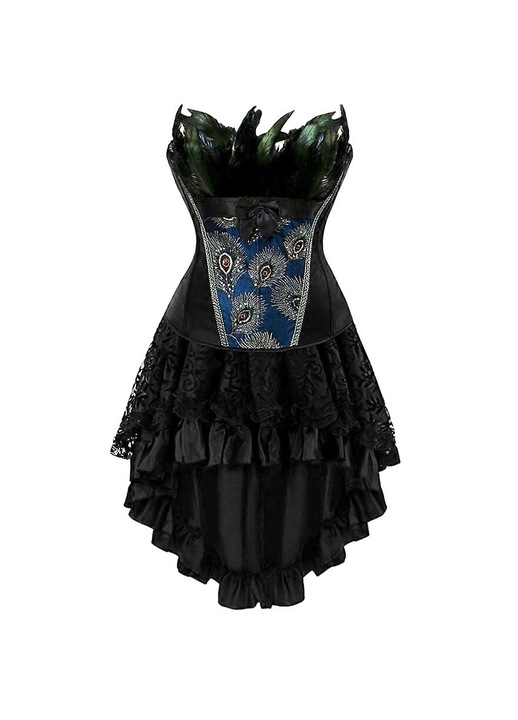 Szexi kosztüm, fekete fűző virágos csipkével és szoknyával, 5XL, szett Halloweenre, burleszk előadáshoz