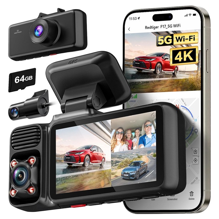 Camera de bord cu 3 canale REDTIGER F17 Elite 4K+1080P+1080P, WiFi 6, Night Vision Color, ecran tactil 3”, GPS, aplicatie dedicata, G-Sensor si Mod Parcare