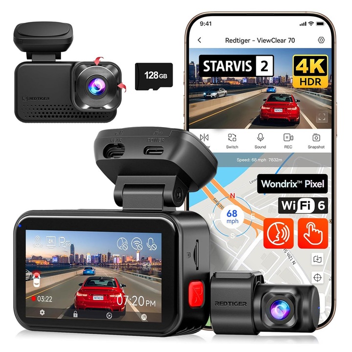 Camera auto de bord cu 2 canale REDTIGER ViewClear 70 4K+2.5K, WiFi, Night Vision Color, ecran tactil 3”, GPS, aplicatie dedicata, G-sensor si Mod Parcare, card 128GB