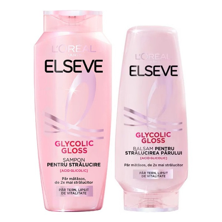 Set L'Oreal Paris Elseve Glycolic Gloss, Sampon pentru stralucirea parului, contine Acid Glicolic, 400 ml + Balsam 200 ml