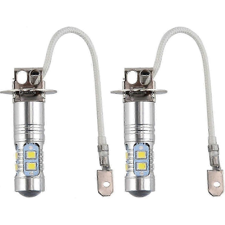 Set 2 becuri LED H3 pentru ceata, alb stralucitor, 12V-24V DC, dimensiune 4.2x1.2cm