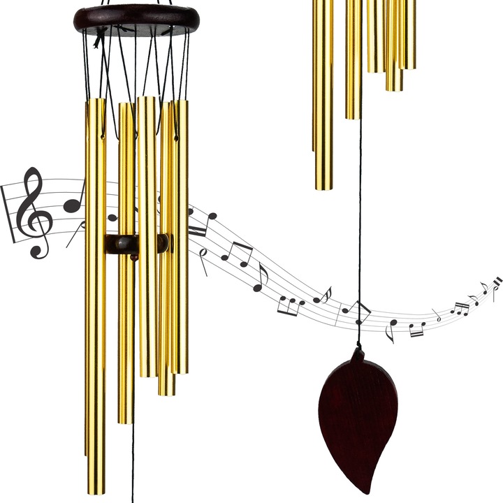 Clopotei de vant metalici 70 cm, 6 tuburi, design elegant, culoare lemn