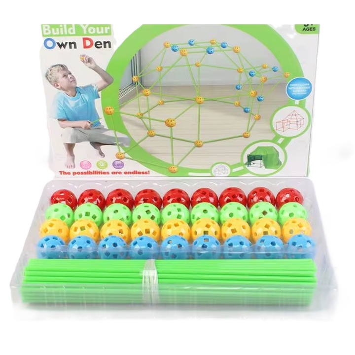 Set de constructie Build Your Own Den, tije si bile conectori, creatie indoor/outdoor, 36 bile + 51 tije, multicolor