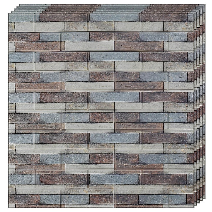 Set 10 Placi Tapet 3D, 70 x 77 cm, Grosime 3 mm, din Polietilena, Model Caramida, Suprafata acoperita 5.3 mp, Piatra Colorata