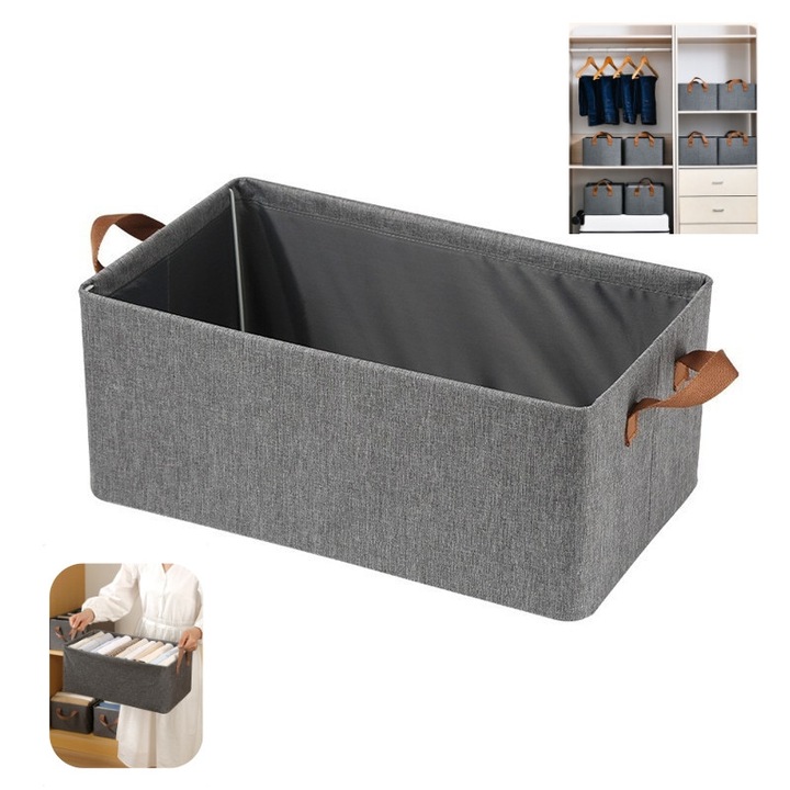 Cutie de depozitare pliabila cu fermoar pentru haine, dreptunghiulara, cadru metalic, 47x28x20cm, bumbac, Gri