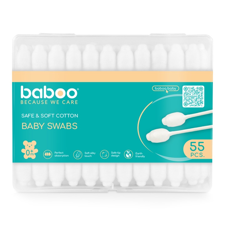 Betisoare Bumbac Pentru Bebelusi Cu Protectie Baboo - 55 buc