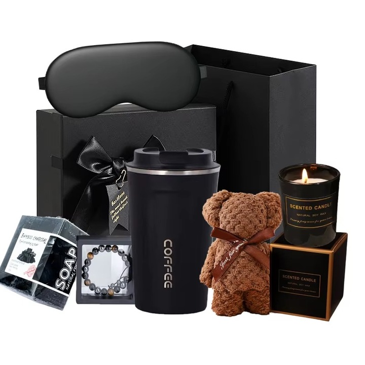 Set Cadou Barbati Premium SMARTIVO, Cana cu Afisaj Digital, Sapun Black Coral, Bratara, Lumanare Parfumata, Prosop Ursulet, Masca de Dormit, Cutie si Punga Cadou