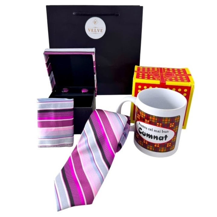 Set personalizat Velve pentru cumnat, cană cu mesaj, cravată mov-gri, batistă, butoni