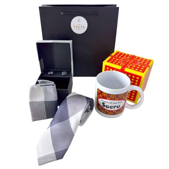 Set cadou personalizat pentru socru, Velve, cană cu mesaj, cravată gri, batistă, butoni