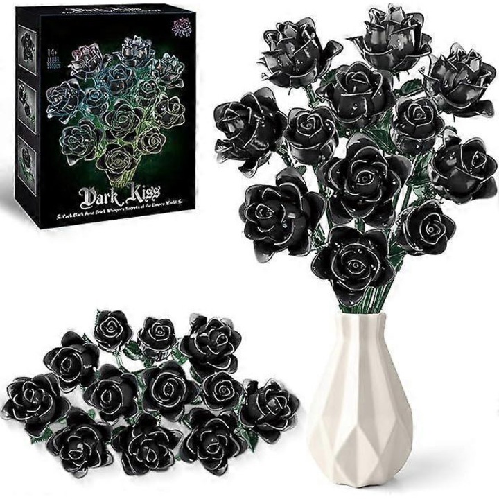 Set de constructie buchet cu 12 trandafiri negri, decor elegant, fara intretinere, 585 piese