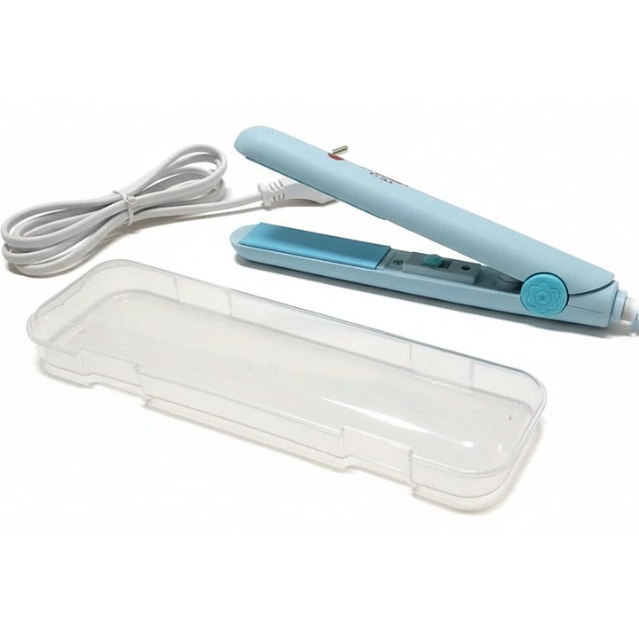 Hordozható hajvasaló, kerámia, kompakt kialakítás, világoskék, védőtokkal