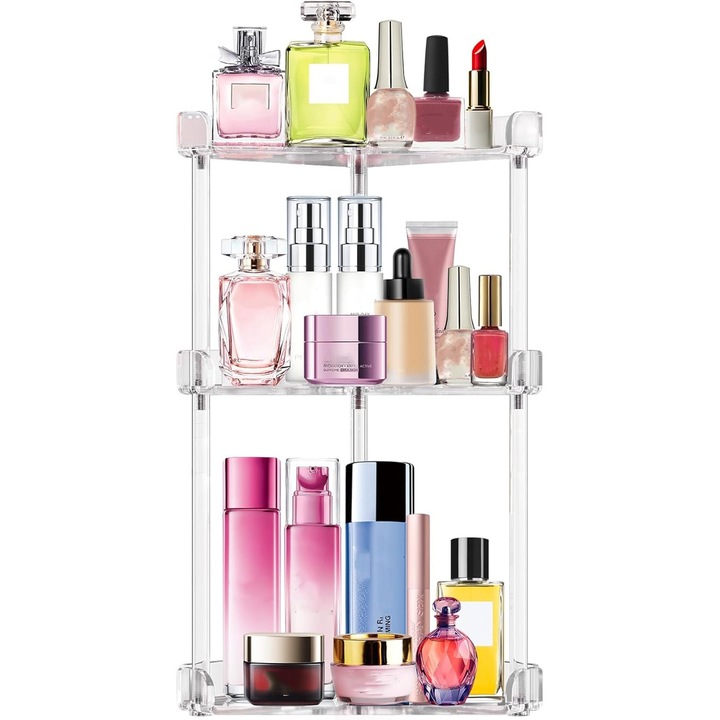 Elegáns sarokrendszerező kozmetikumoknak, 3 szintes, akril, átlátszó, 25 x 25 x 50 cm