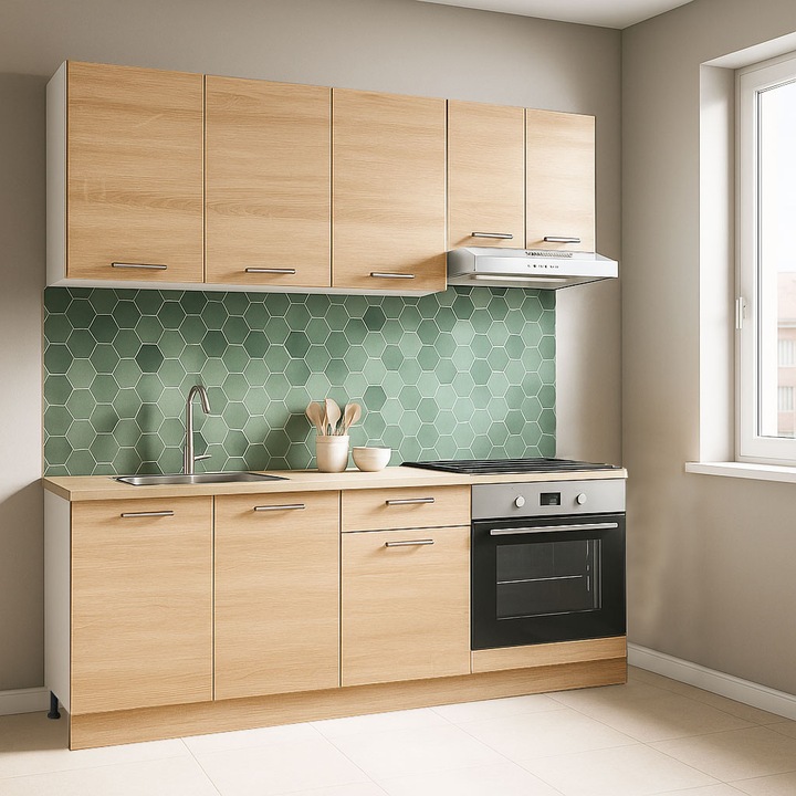 Set mobilier bucatarie cu soft-close, BadenMob Germania, 180cm, corpuri inalte, blat gros, corp cuptor, Sonoma