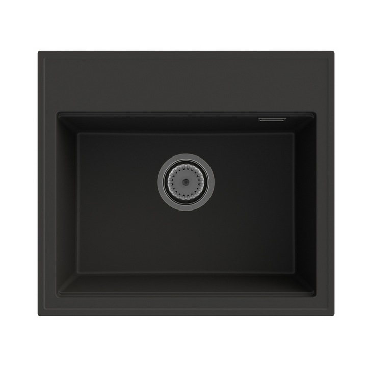 Chiuveta bucatarie din granit, cu o cuva fara picurator, 505x565x210 mm, sistem scurgere cu preaplin, culoare negru