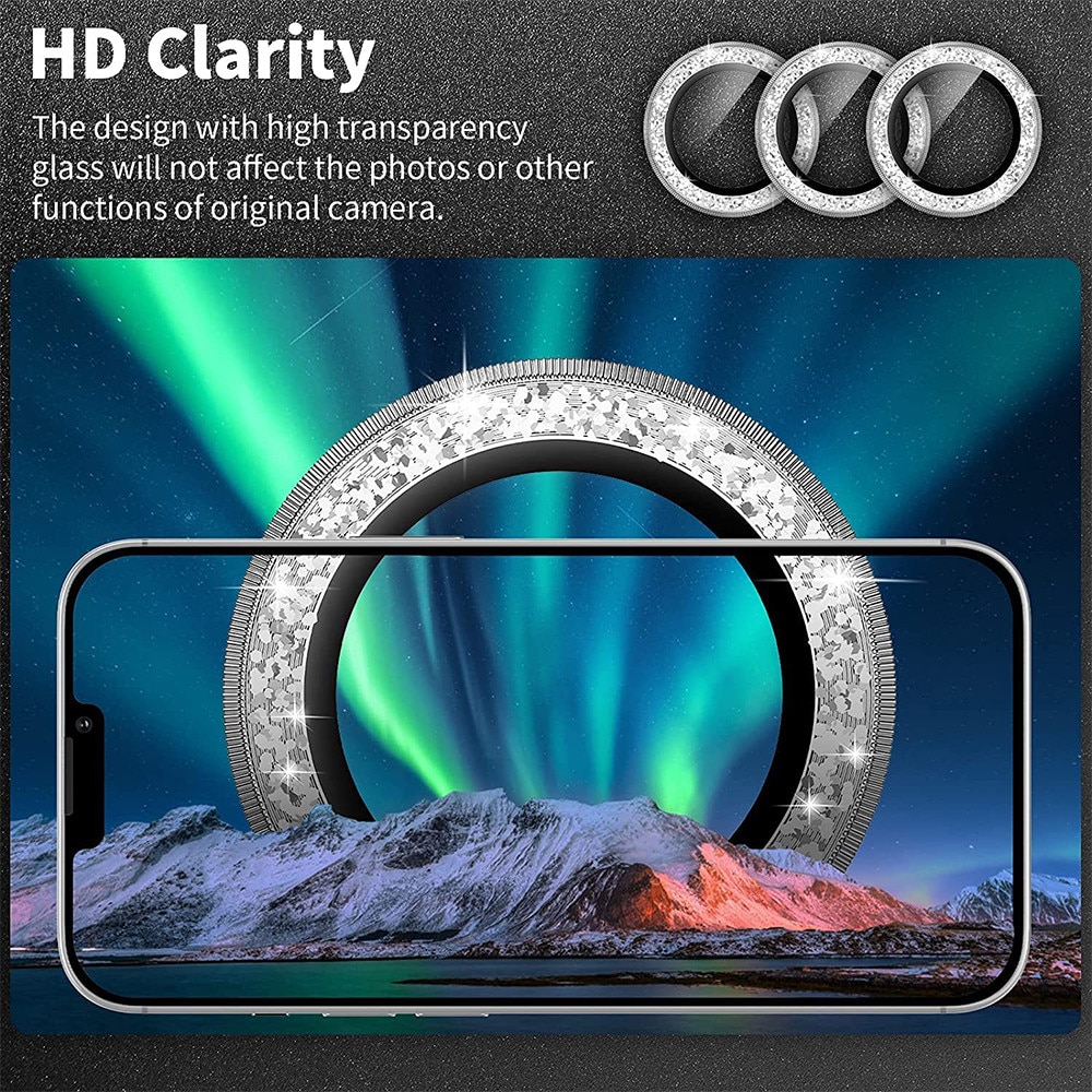 Folie Protectie Camera Foto, G-Tech Silver Diamond Lens, Compatibila cu Apple iPhone 14 / iPhone 14 Plus, Sticla Securizata, detalii stralucitoare, Atasare Usoara, Transparenta