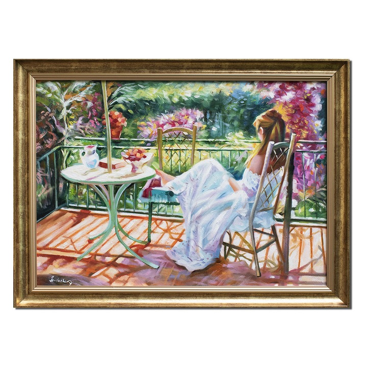 Tablou pictat manual inramat, Tanara pe terasa, 80x60cm ulei pe panza, delicat, Mircea Iordache