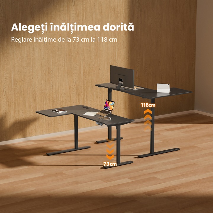 Birou reglabil ergonomic, in picioare, 73-118 cm, negru, 160x120x76 cm