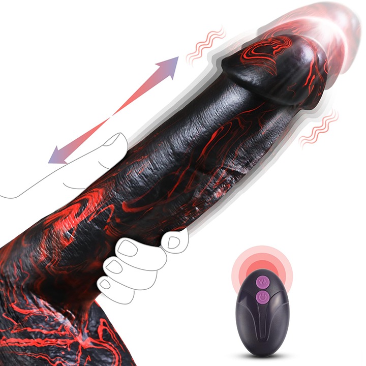 Dildó 3 az 1-ben, Fantasy, Szörny, Fekete-Piros, 7 Rezgési Mód, 5 Toló Mód, 360°-os Forgás, 18 cm Behelyezhető
