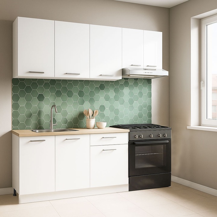 Set mobilier bucatarie cu soft-close, BadenMob Germania, 180cm, corpuri inalte, blat gros, Alb