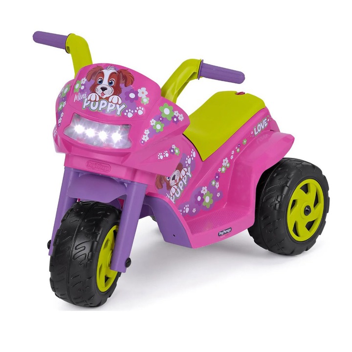 Електрически мотоциклет Peg Perego Mini Puppy, 6V, розов/лилав, за деца 1 година+, функции със звуци и светлини