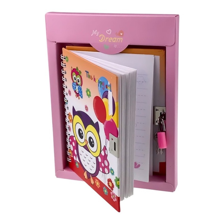 Agenda cu lacat, bufnita, 14x20cm, pentru notite personale si planificare lunar/saptamanal, multicolor