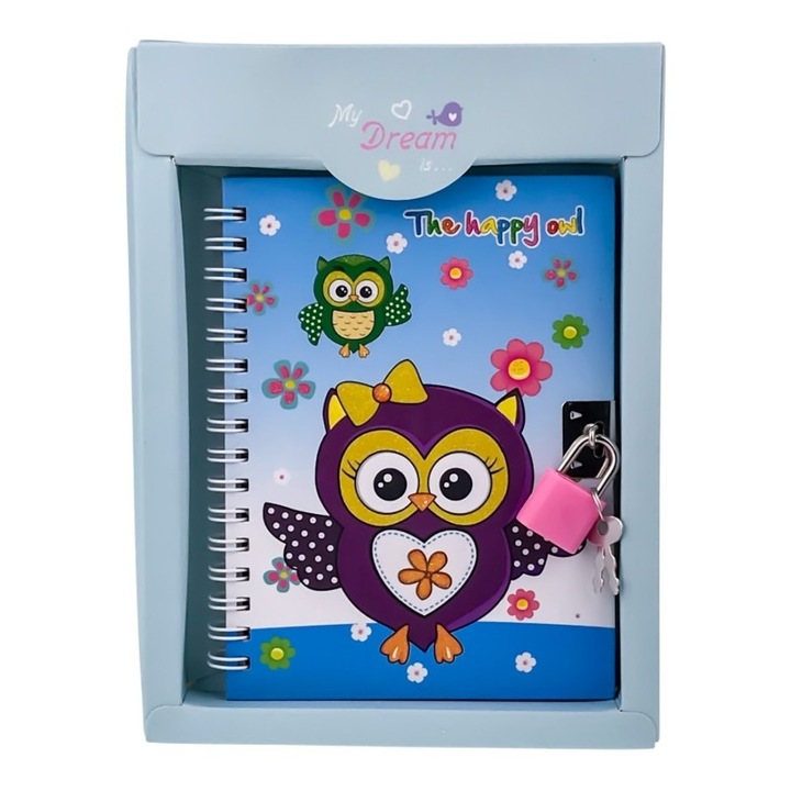 Agenda cu coperti din plastic, cu lacat si bufnita, 14X20 cm, M2