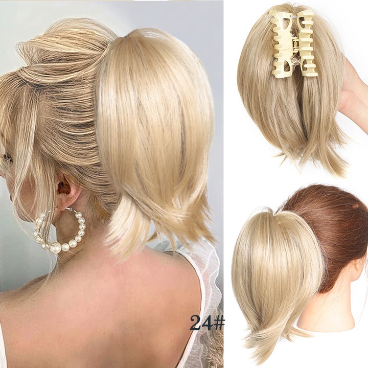 Coada de par sintetic, 22cm, varfuri usor ondulate, culoare khaki deschis, set bonus inclus