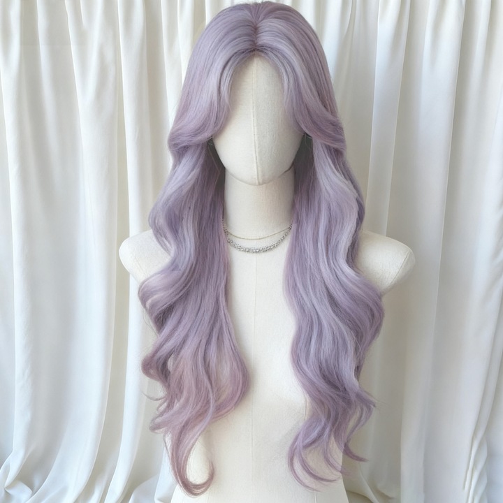 Peruca lunga ondulata, 70cm, mov-gri, cu breton din dantela, set de accesorii par