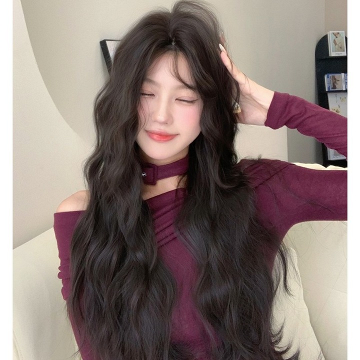 Peruca dantelata pentru femei, valuri mari simulate, cu breton, set de 1 bucata, multicolor