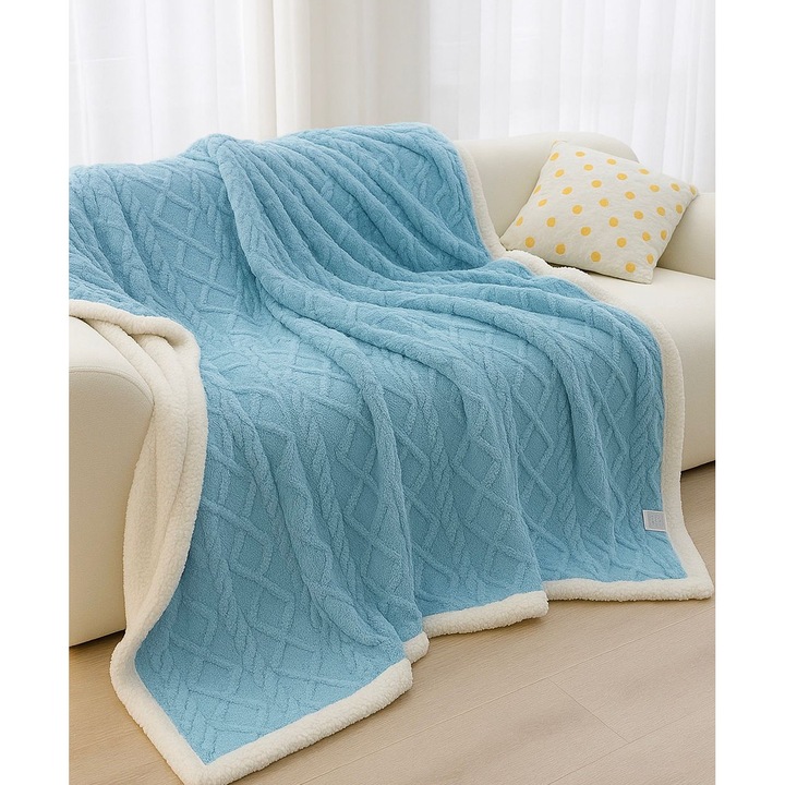 Patură Cocolino Reversibilă, Albastru Deschis/Alb, Blană Pufoasă, 200x230cm