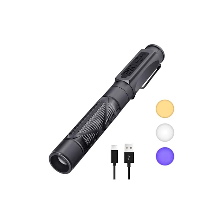 Lampa diagnostic USB reincarcabila, tri-color, portabila, 12.8x1.5cm, cu clip pentru buzunar