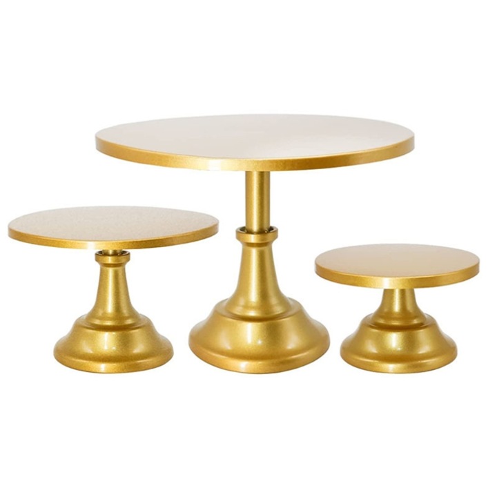 Set 3 platouri pentru prajituri, Cake Land, metalice, aurii, dimensiuni 20x12cm, 25x22cm, 30x26cm