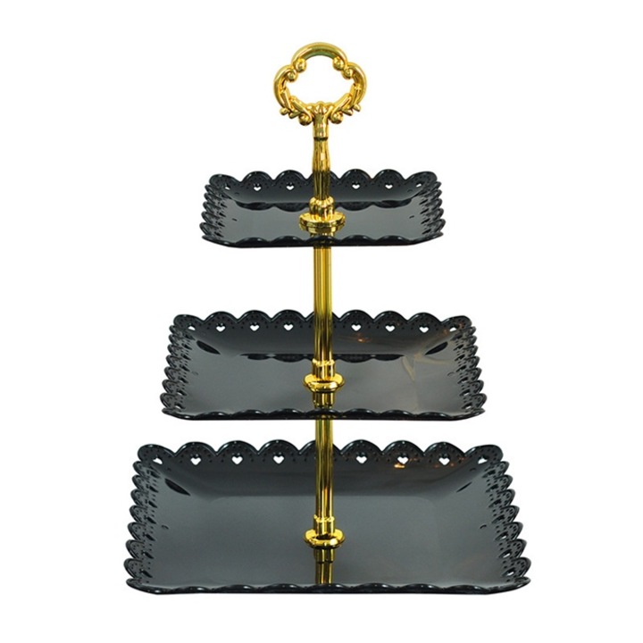 Platou de bucatarie Cake Land, 3 nivele, negru cu detalii aurii, 33cm inaltime, pentru prajituri si gustari