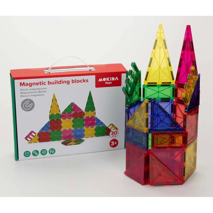 Set de Blocuri Magnetice Mokida Toys, 30 piese, Multicolor, pentru copii peste 3 ani