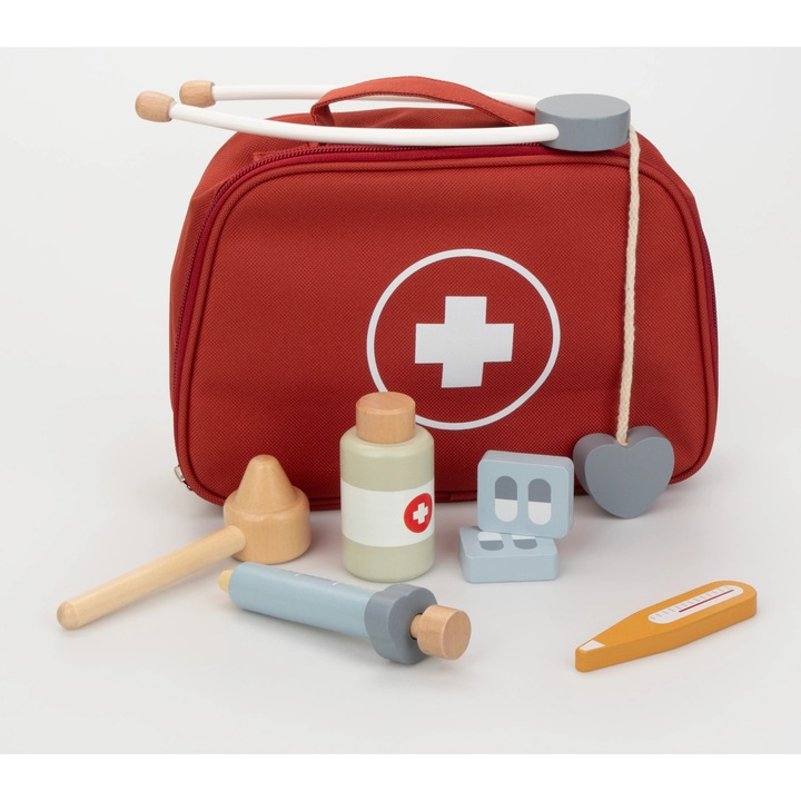 Set medical din lemn pentru copii MOKIDA TOYS, valiza rosie, multicolor, 3-6 ani