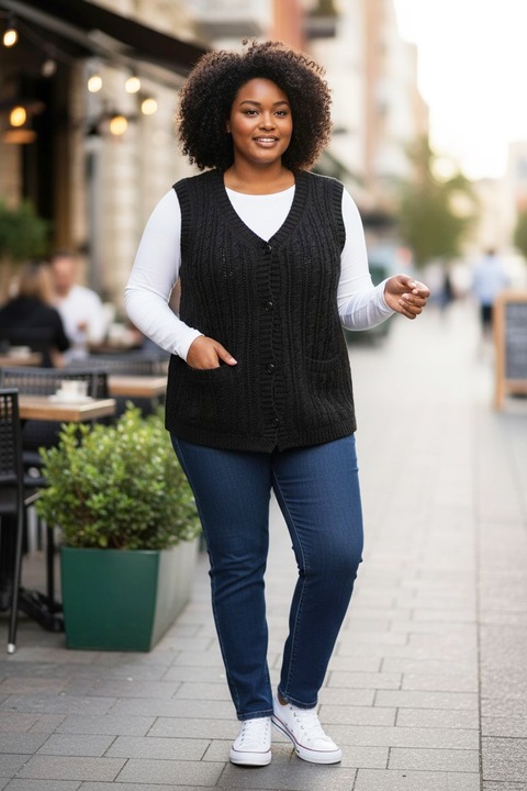 Vesta traditionala, tricotata, StarFashion, cu nasturi, marimi mari, negru, XL-3XL