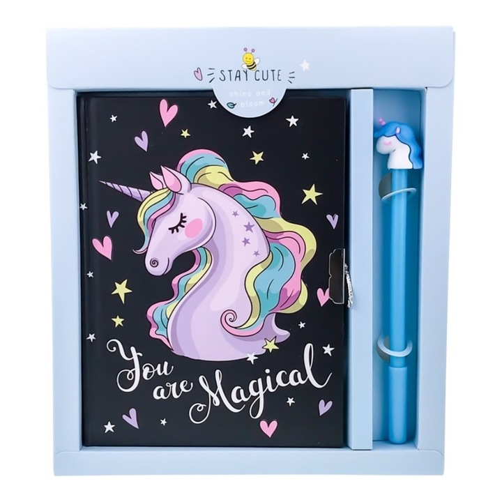 Agenda cu coperti din plastic cu unicorn si pix, 20X23 cm, ALBASTRU