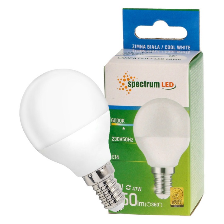 LED крушка E14 глобус 230V 6W, студена светлина CW, WOJ+13023 SPECTRUM LED