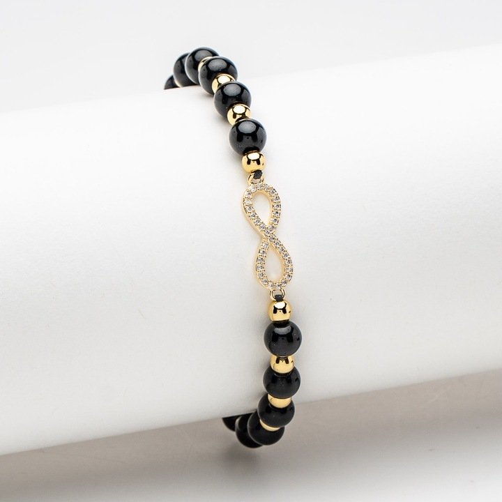 Brățară handmade ElectraStore, simbolul infinitului, bile placate cu aur de 14K, cristale negre, dimensiune reglabilă