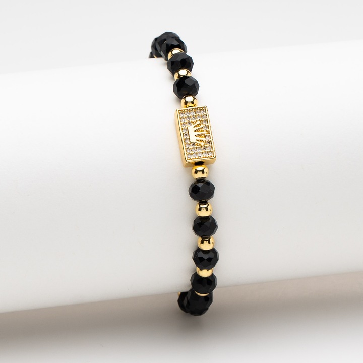 Brățară handmade ElectraStore, bile placate cu aur de 14K, cristale negre, ajustabilă