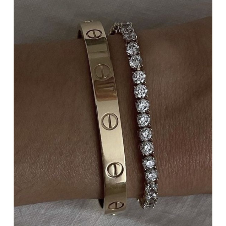 Set Bratari Love si Tennis, ElectraStore, otel inoxidabil placat cu aur galben si alb, diametru 6cm, lungime 18cm