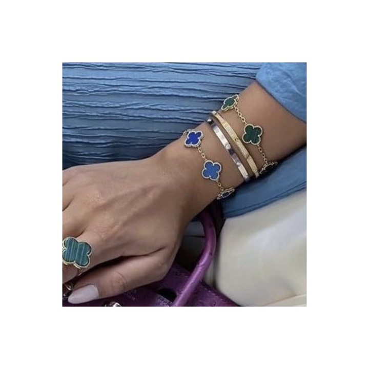 Set brățări Alhambra + Love, ElectraStore, inoxidabil placat cu aur alb, flori verzi și albastre, 18cm x 4cm