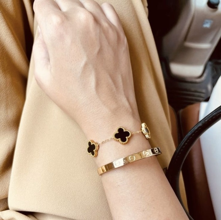 Set 2 Brățări ElectraStore Alhambra Black + LOVE, inoxidabil placat cu aur 14K, 18cm + 6cm