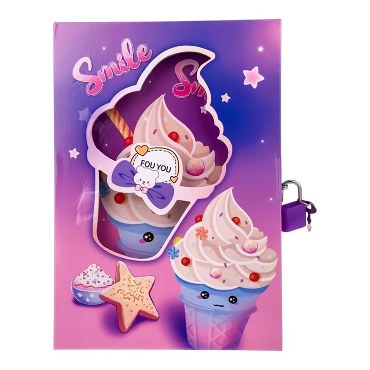 Agenda cu coperti din plastic, intr-o cutie de carton cu lacat, 14X21 cm, Mov-multicolor