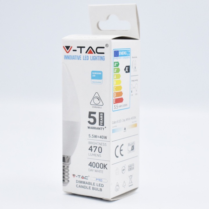 Bec led lumanare dimabil 5.5W (40W) cip Samsung, E14, C37, 470 lm, lumina neutra (4000 K), V-TAC