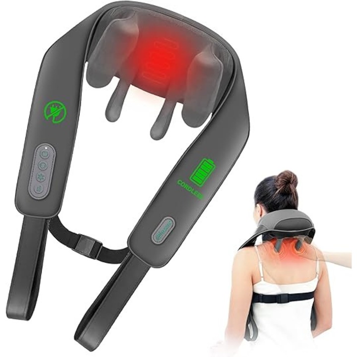 Snailax – Aparat de masaj 4D wireless imbunatatit pentru gat, cu functie de incalzire, masaj electric Shiatsu pentru gat cu masaj prin framantare