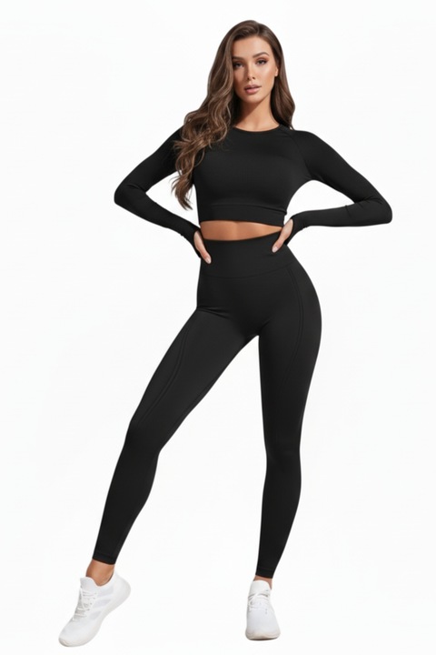 Compleu compresie fitness cu maneca lunga si fenta pentru degetul mare, negru, Negru