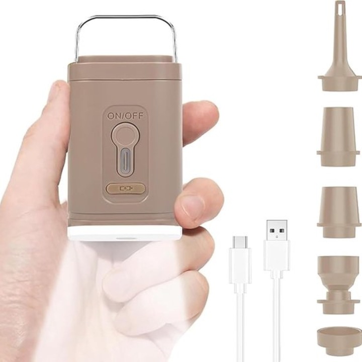 Преносима електрическа акумулаторна въздушна помпа K0443-emagCJ-26948, 1200 mAh, USB-C, 5 адаптера, LED лампа с две степени и SOS, светлокафява